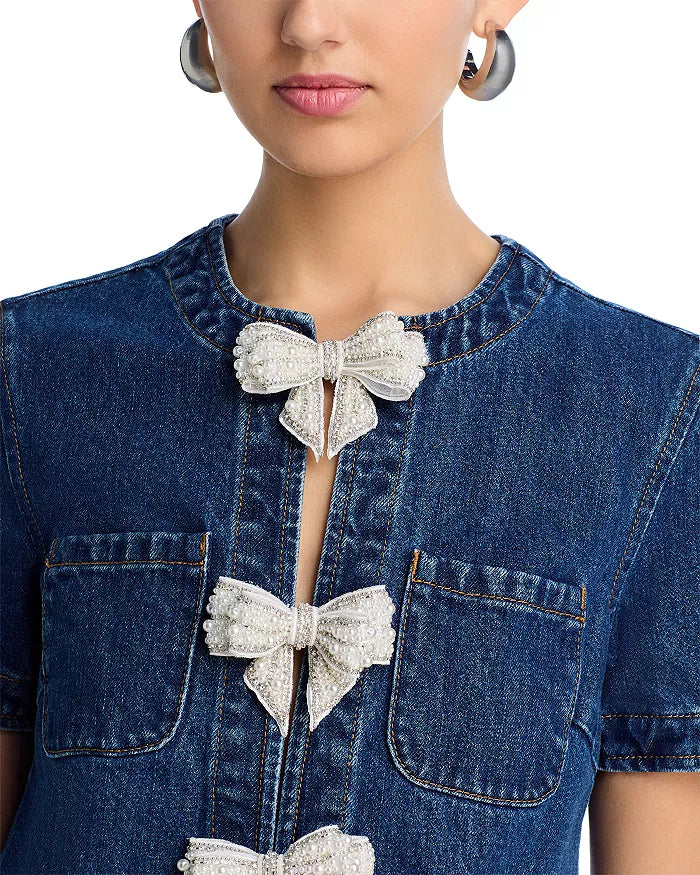 Bow Embellished Denim Mini Dress in Blue Avalabel
