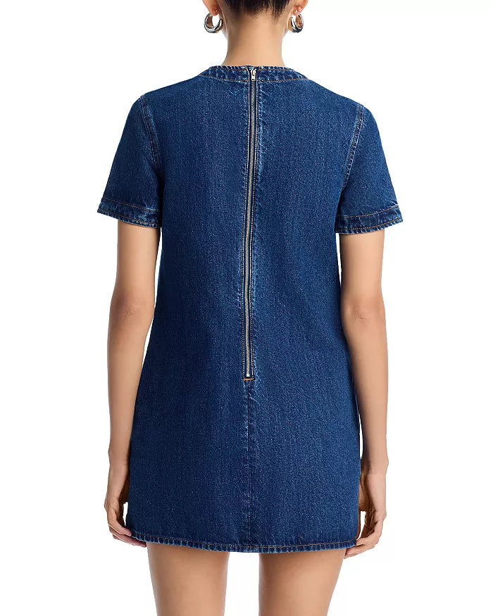 Bow Embellished Denim Mini Dress in Blue Avalabel