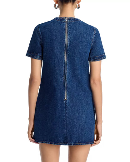 Bow Embellished Denim Mini Dress in Blue