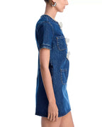 Bow Embellished Denim Mini Dress in Blue Avalabel