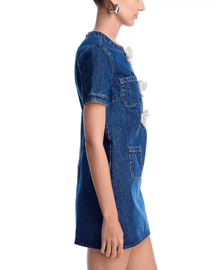 Bow Embellished Denim Mini Dress in Blue Avalabel