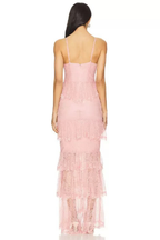 Seren Pink Spaghetti Strap Tiered Lace Slit Dress Avalabel