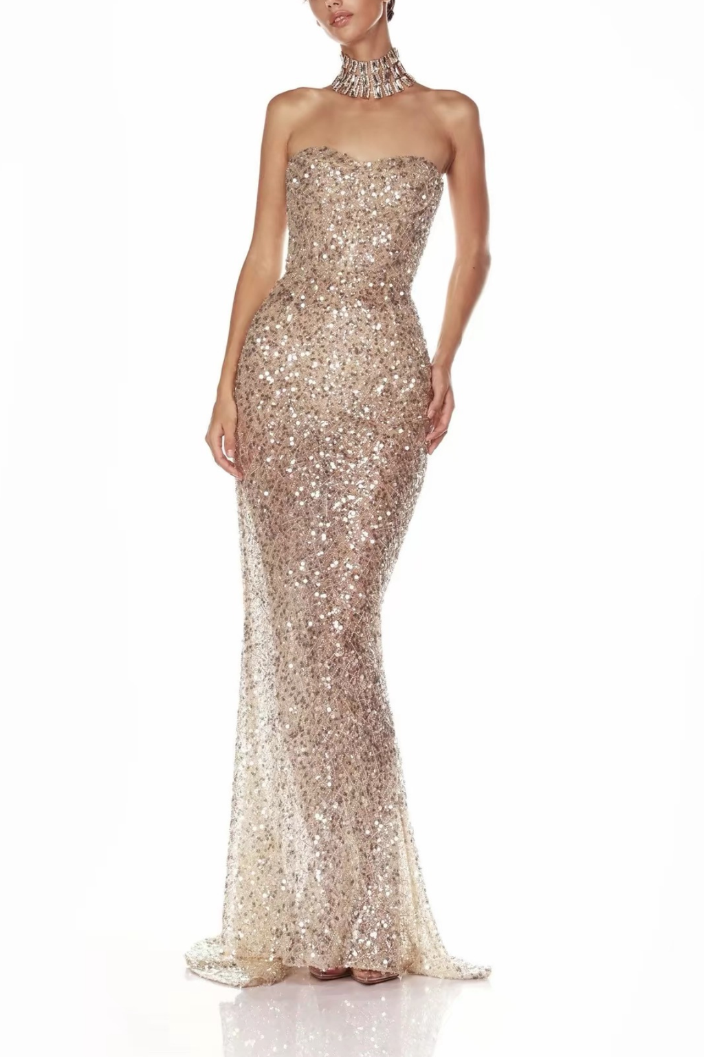 Luxury Shimmer Champagne Gold Sequin Strapless Mermaid Dress Avalabel