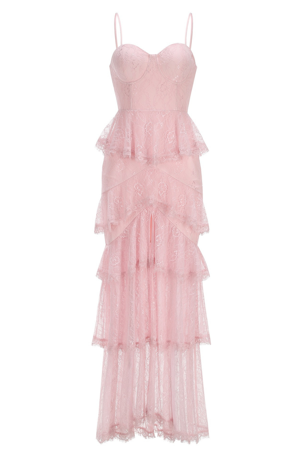 Seren Pink Spaghetti Strap Tiered Lace Slit Dress Avalabel