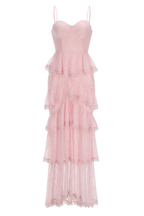 Seren Pink Spaghetti Strap Tiered Lace Slit Dress Avalabel