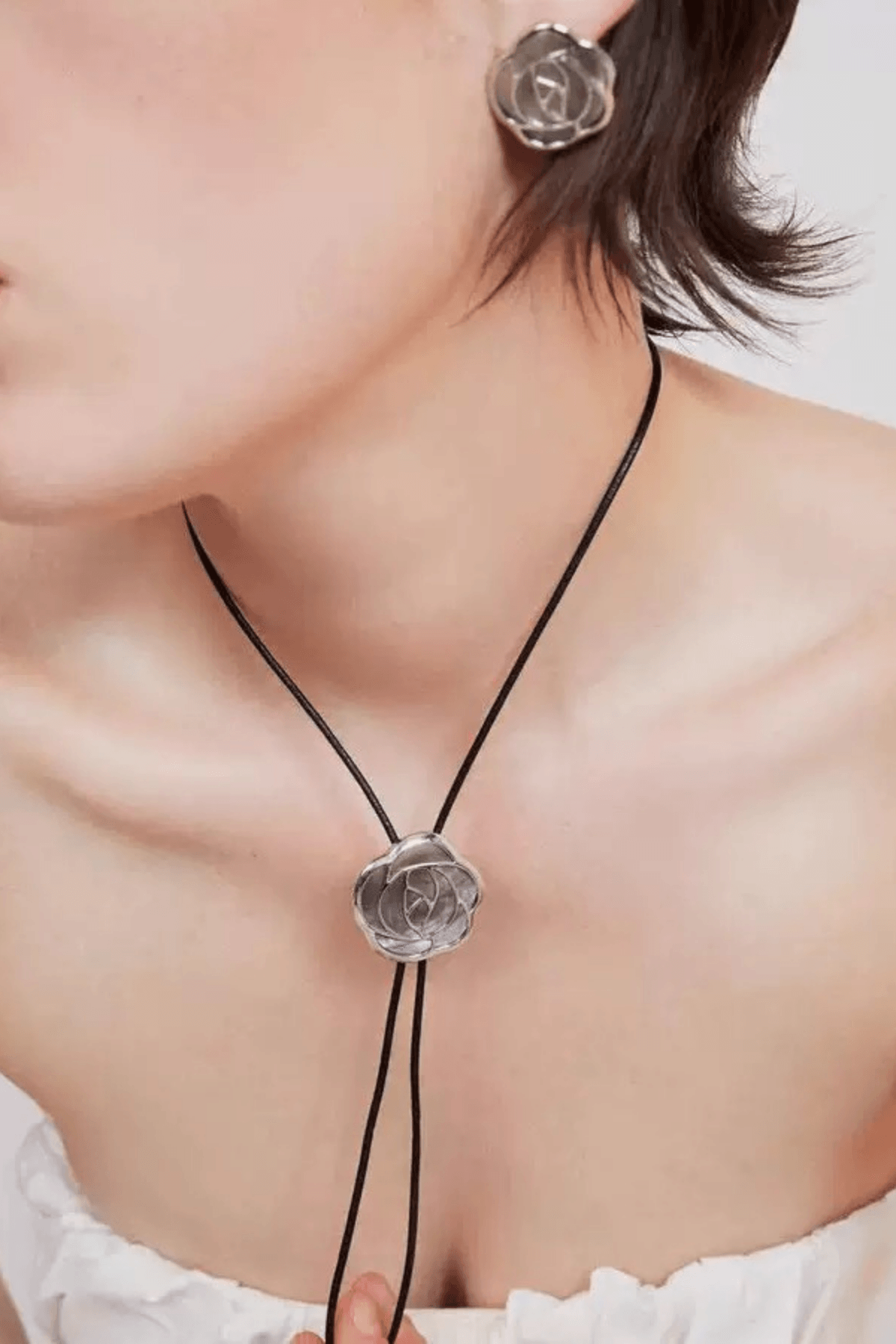 Silver Rose Slider Lariat Long Necklace Avalabel