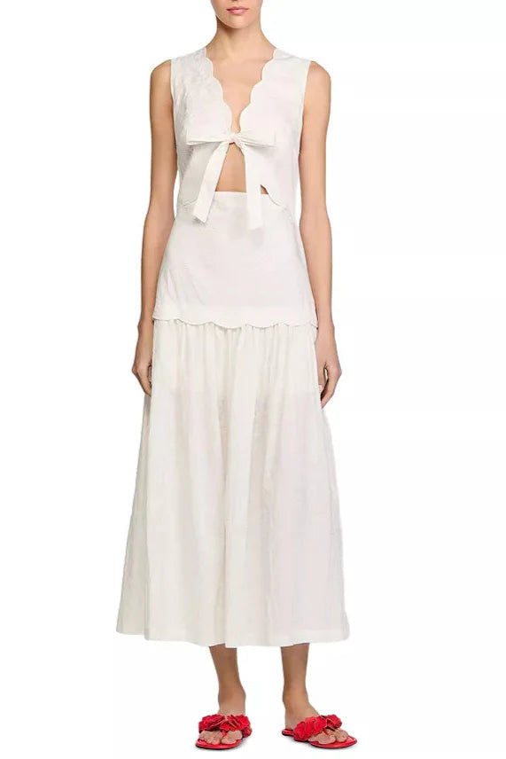 Scallop Trim V-Neck Crinkled Maxi Dress in Ecru Avalabel