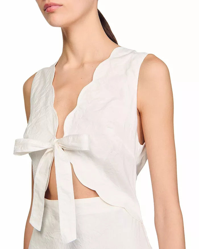 Scallop Trim V-Neck Crinkled Maxi Dress in Ecru Avalabel