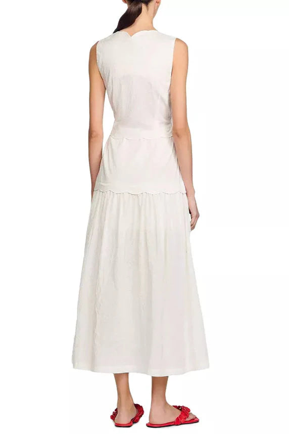 Scallop Trim V-Neck Crinkled Maxi Dress in Ecru Avalabel