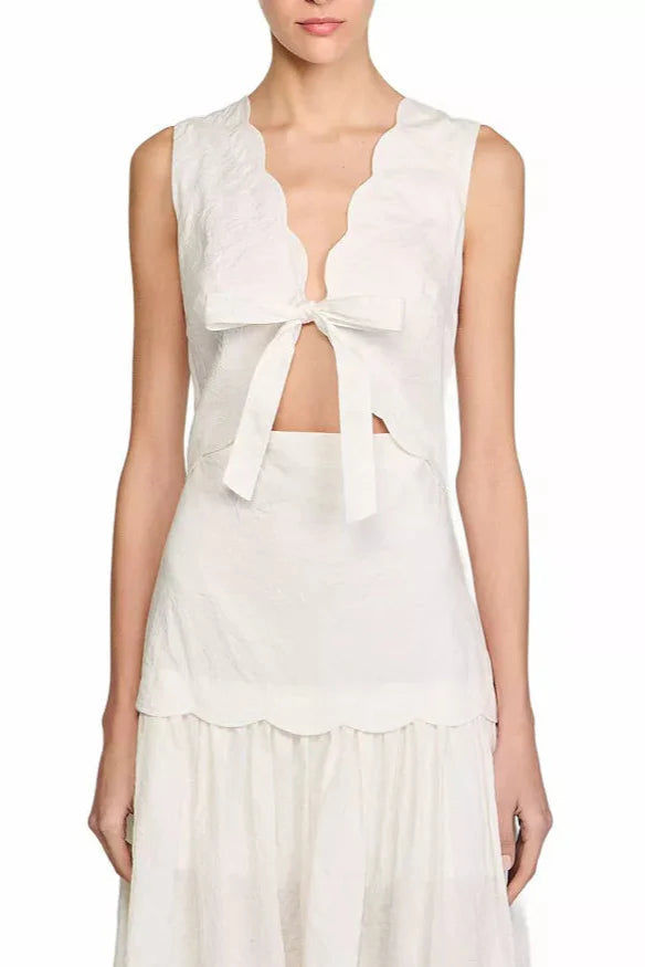 Scallop Trim V-Neck Crinkled Maxi Dress in Ecru Avalabel