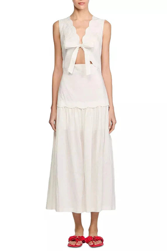 Scallop Trim V-Neck Crinkled Maxi Dress in Ecru Avalabel