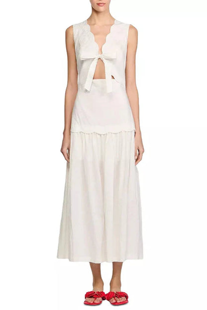 Scallop Trim V-Neck Crinkled Maxi Dress in Ecru