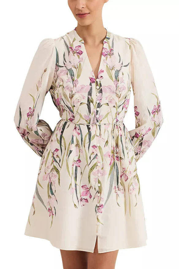 Floral Print Blouson Sleeve Mini Dress in Ivory Avalabel
