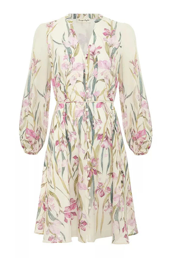 Floral Print Blouson Sleeve Mini Dress in Ivory Avalabel
