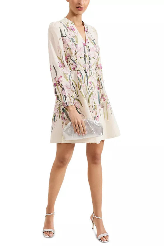 Floral Print Blouson Sleeve Mini Dress in Ivory Avalabel
