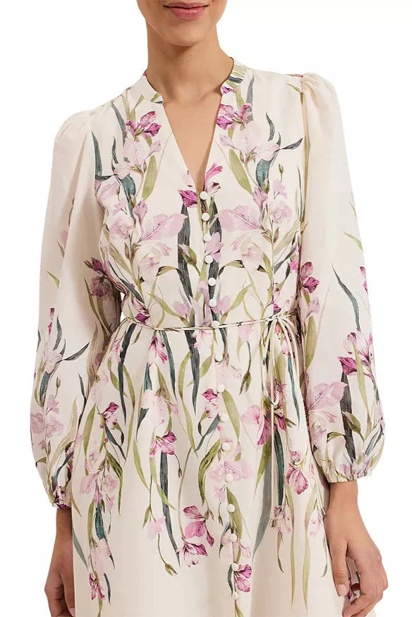 Floral Print Blouson Sleeve Mini Dress in Ivory Avalabel