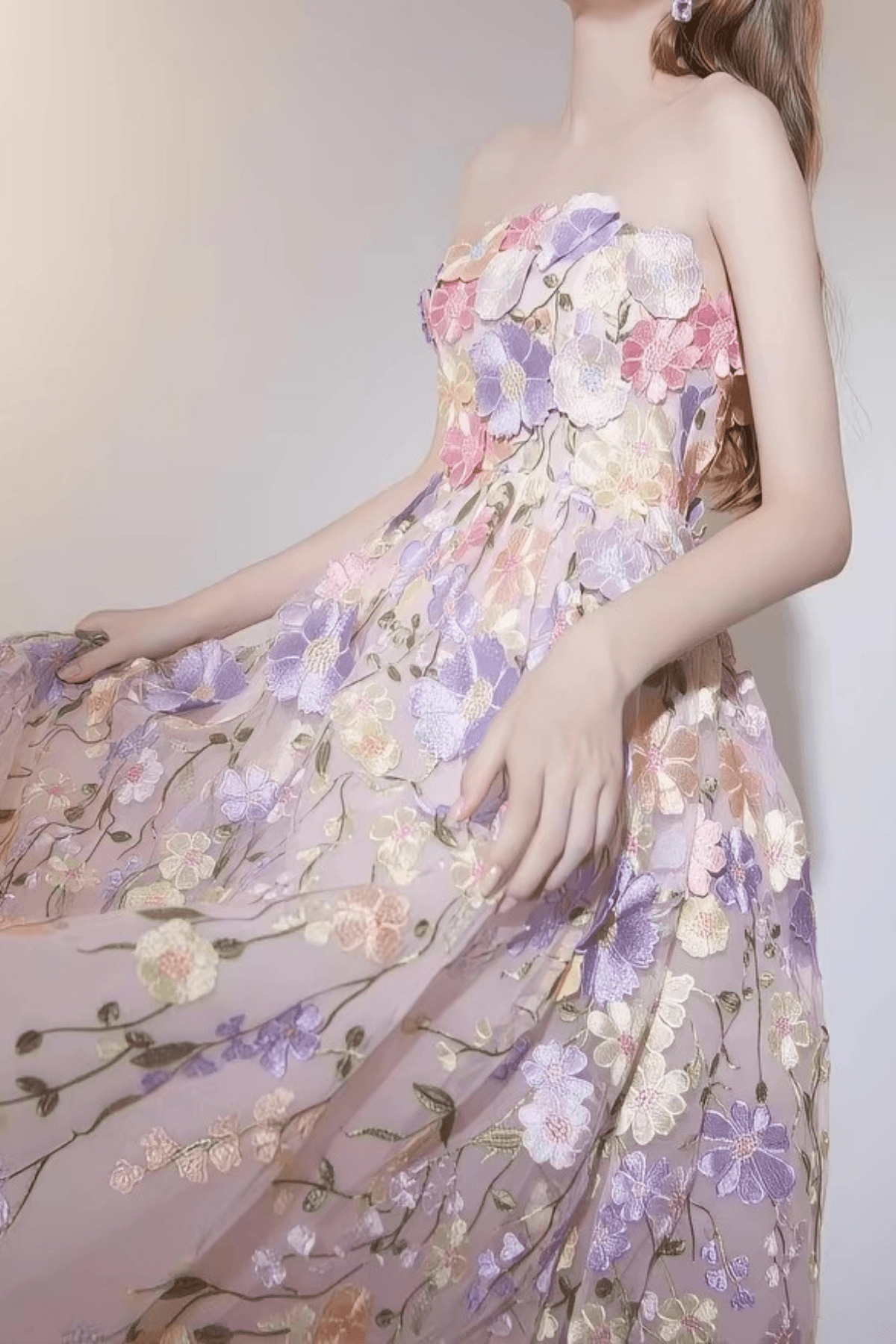 Thea French Style Heavy Craft Strapless Floral Tulle Dress - Avalabel