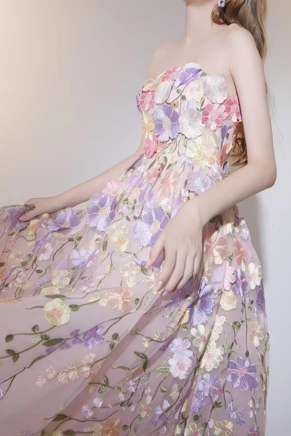 Thea French Style Heavy Craft 3D Floral Strapless Tulle Dress
