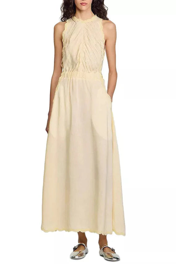 Sleeveless Lace Detail Maxi Dress in Light Yellow Avalabel