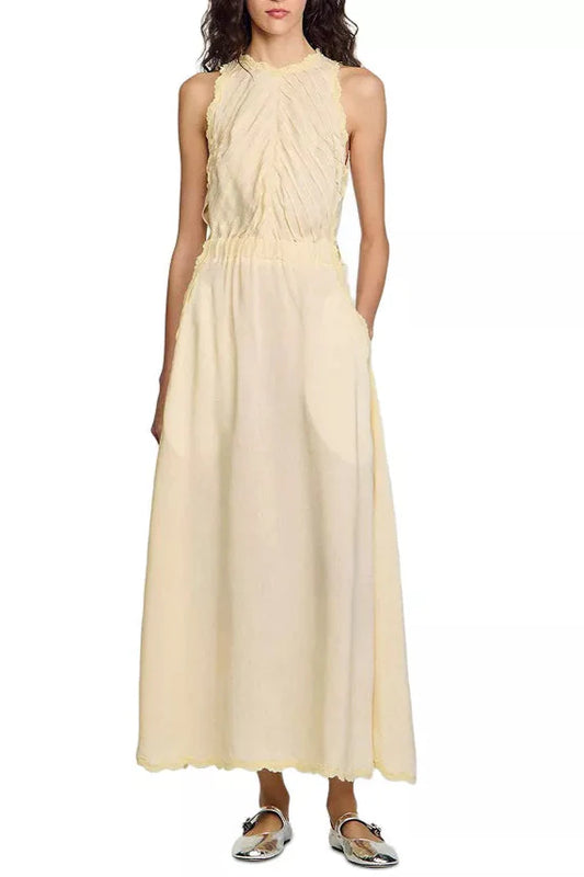 Sleeveless Lace Detail Maxi Dress in Light Yellow