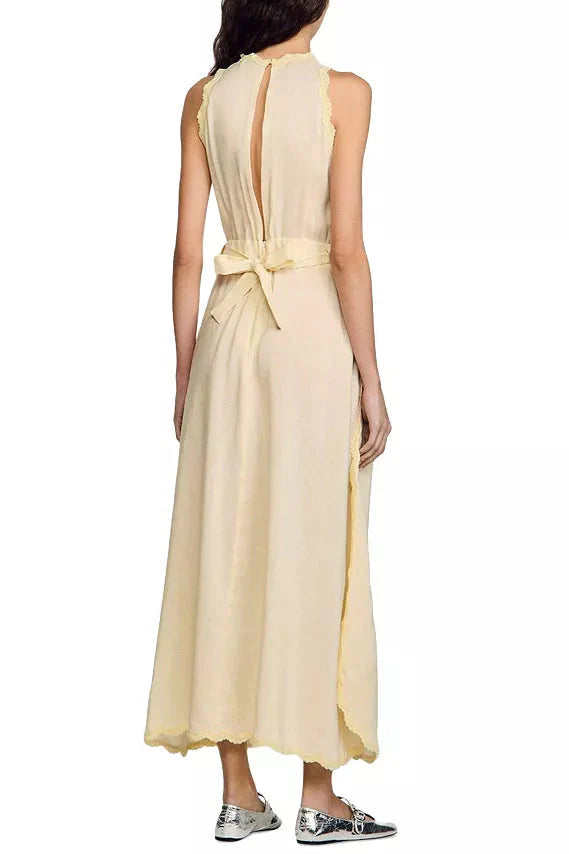 Sleeveless Lace Detail Maxi Dress in Light Yellow Avalabel