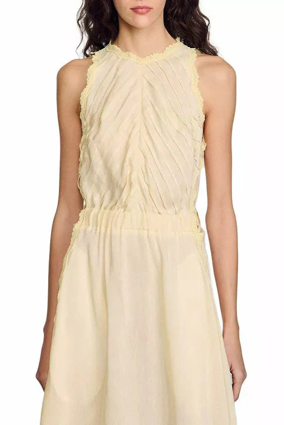 Sleeveless Lace Detail Maxi Dress in Light Yellow Avalabel