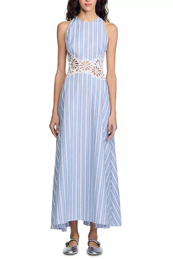 Hollow Lace Trim Maxi Dress in Blue Avalabel
