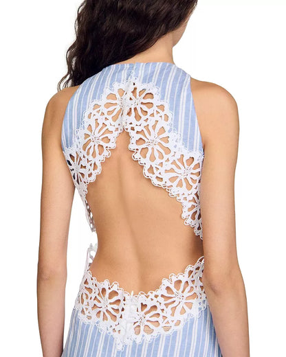 Hollow Lace Trim Maxi Dress in Blue