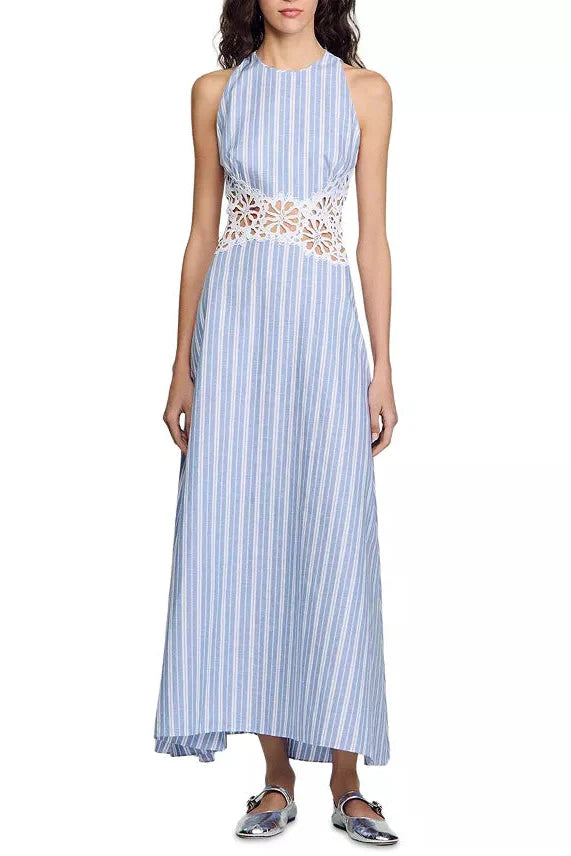 Hollow Lace Trim Maxi Dress in Blue Avalabel