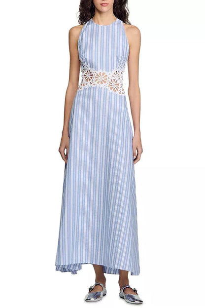 Hollow Lace Trim Maxi Dress in Blue