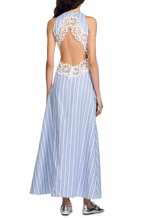 Hollow Lace Trim Maxi Dress in Blue Avalabel