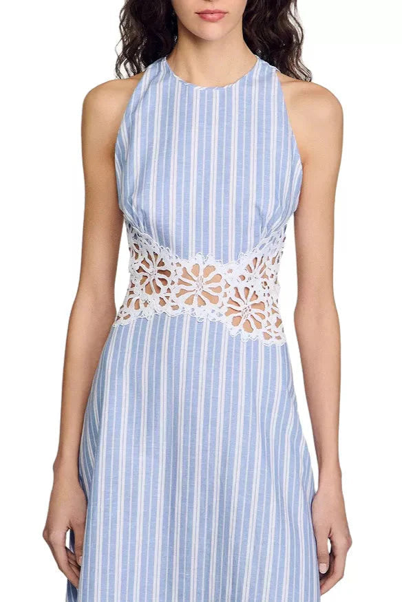 Hollow Lace Trim Maxi Dress in Blue Avalabel