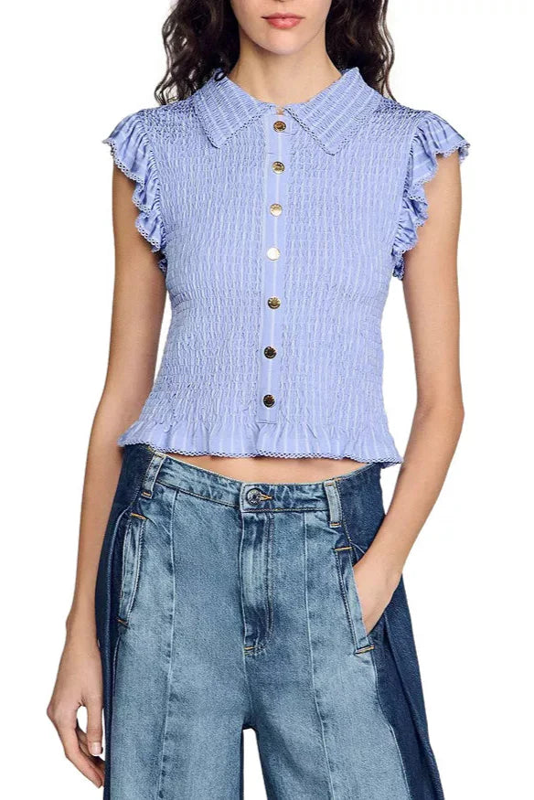 Satin Smocked Top in Sky Blue Avalabel