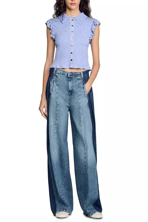 Satin Smocked Top in Sky Blue Avalabel