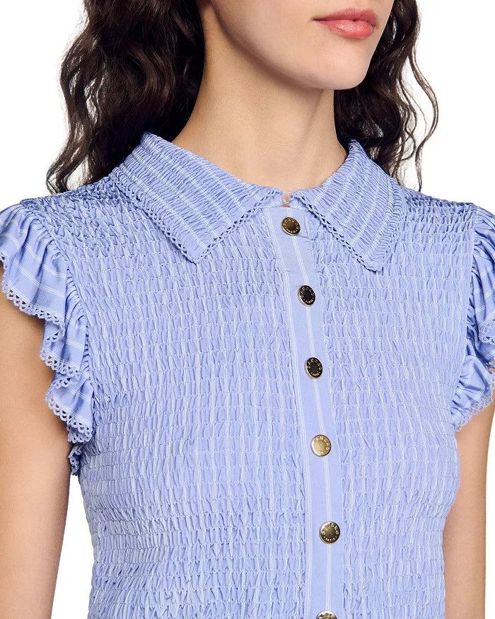Satin Smocked Top in Sky Blue Avalabel