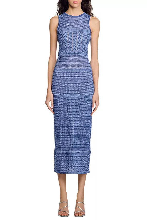 Hollow Striped Sleeveless Knit Midi Dress in Royal Blue Avalabel