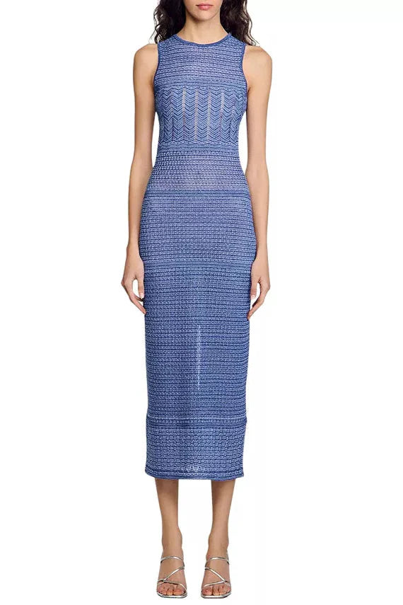 Hollow Striped Sleeveless Knit Midi Dress in Royal Blue Avalabel