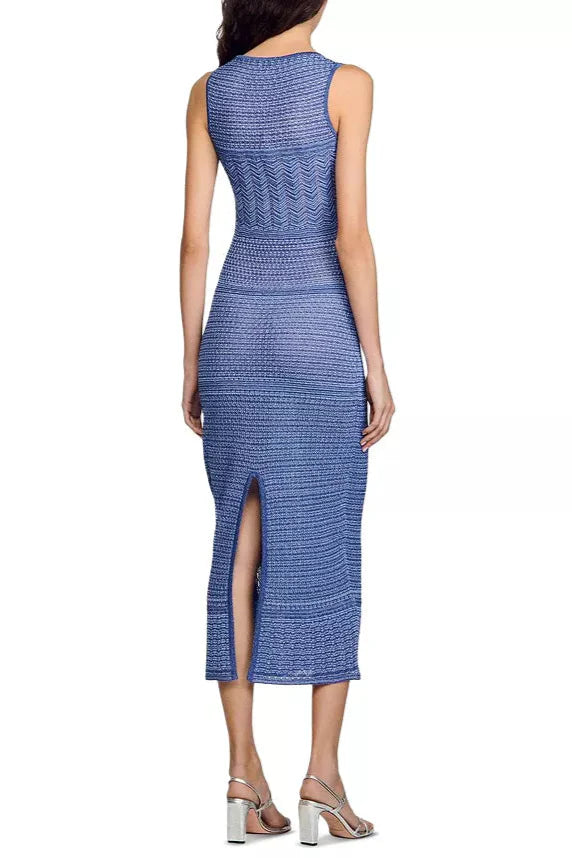 Hollow Striped Sleeveless Knit Midi Dress in Royal Blue Avalabel