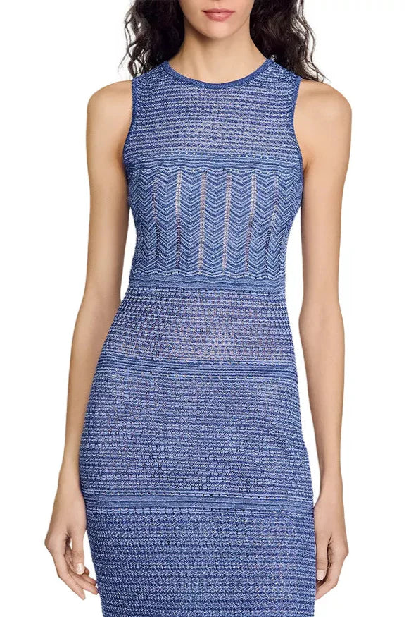 Hollow Striped Sleeveless Knit Midi Dress in Royal Blue Avalabel