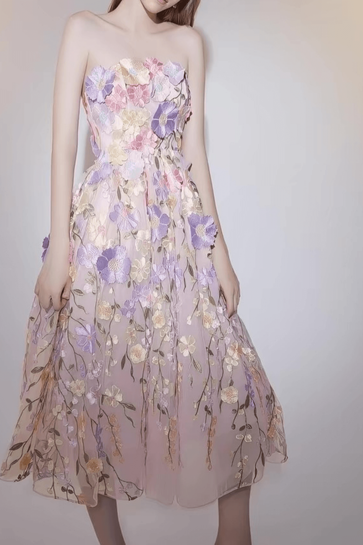 Thea French Style Heavy Craft Strapless Floral Tulle Dress - Avalabel
