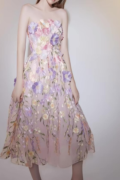 Thea French Style Heavy Craft 3D Floral Strapless Tulle Dress