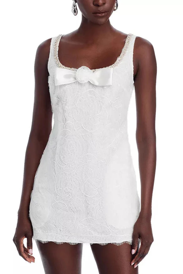 Bow Tulle Lace Mini Dress in White Avalabel