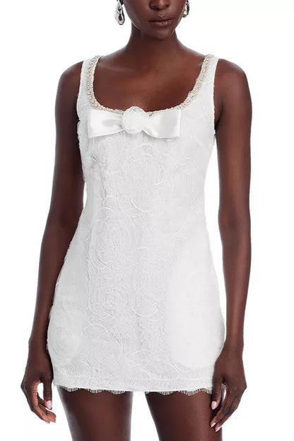 Bow Tulle Lace Mini Dress in White