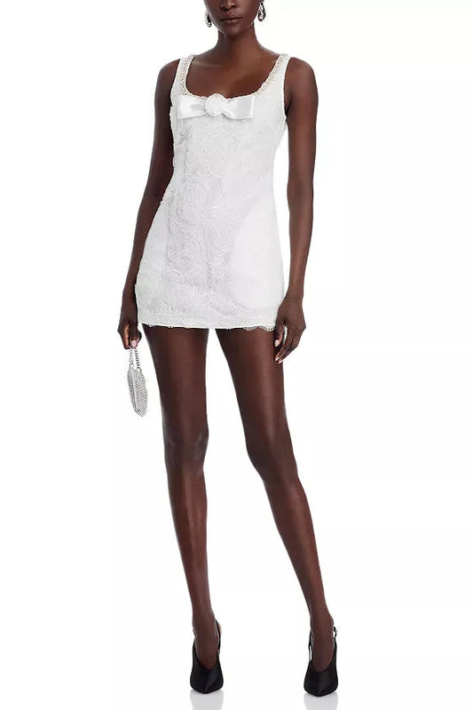 Bow Tulle Lace Mini Dress in White
