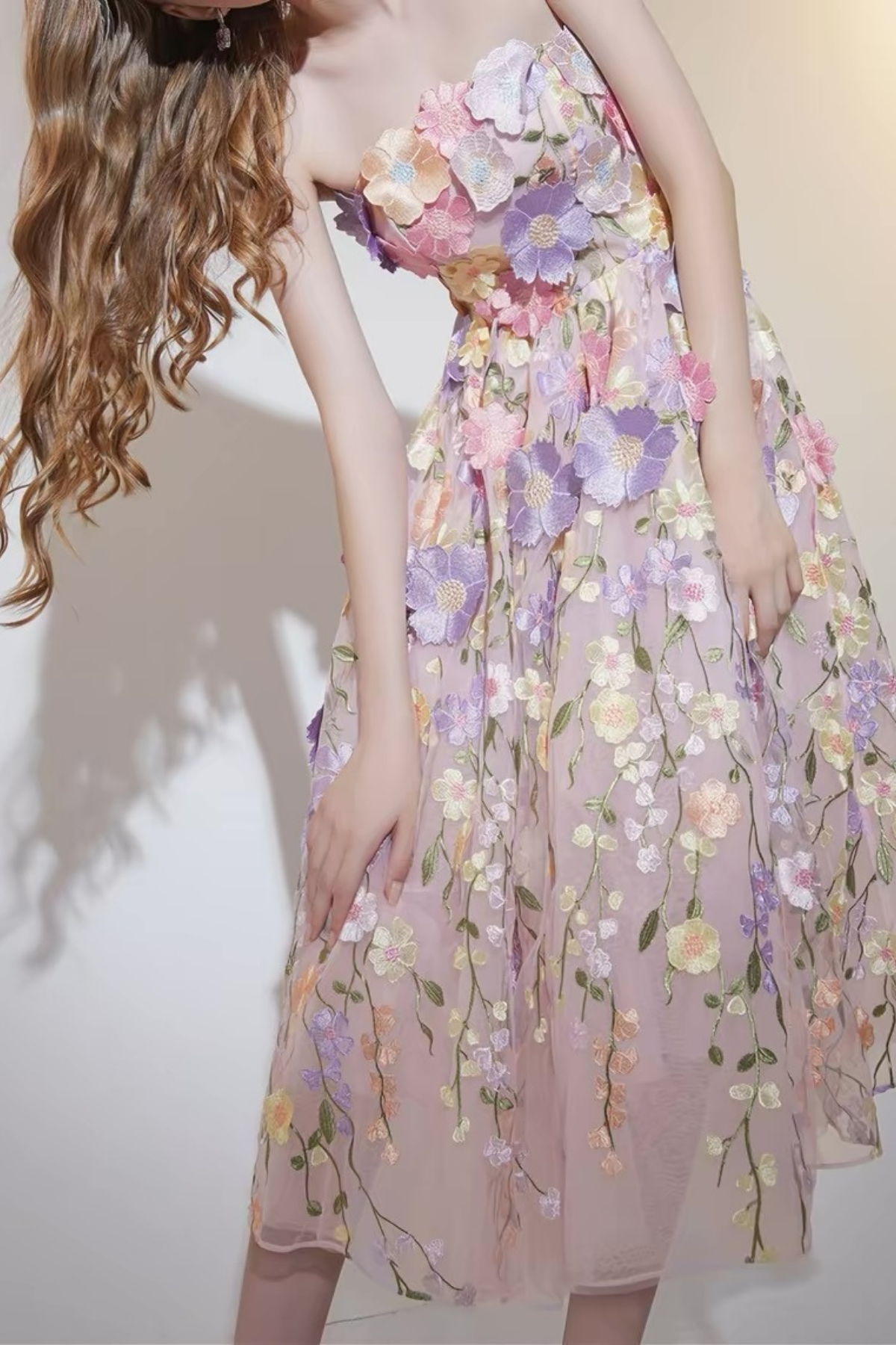 Thea French Style Heavy Craft 3D Floral Strapless Tulle Dress