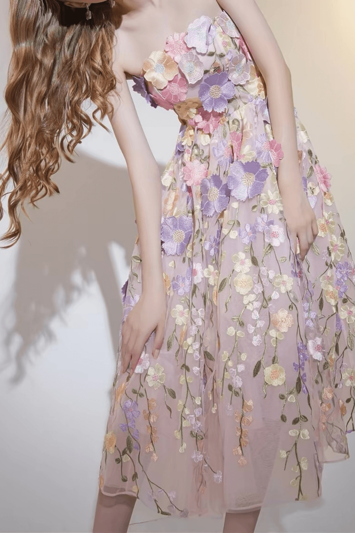 Thea French Style Heavy Craft Strapless Floral Tulle Dress - Avalabel