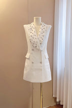 White V-Neck Sleeveless Diamond Midi Suit Top Avalabel