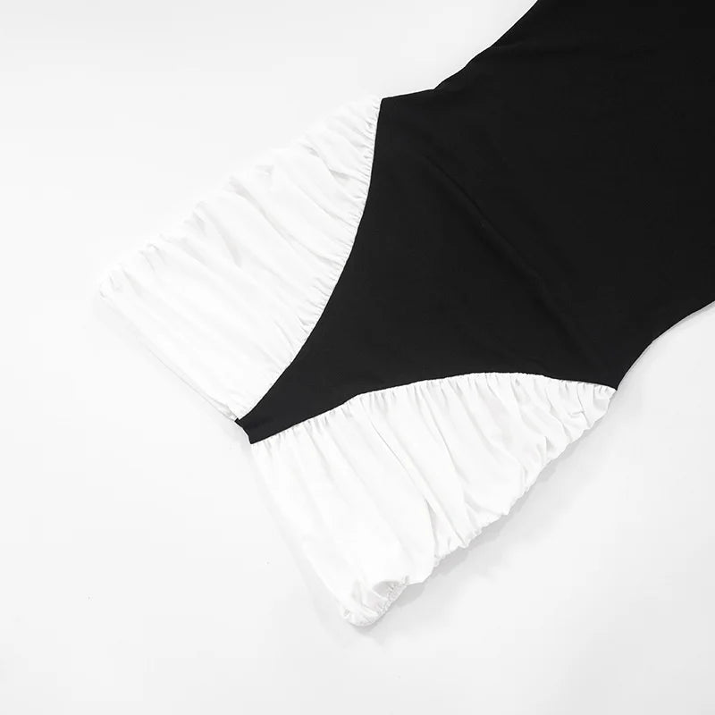 Black-White Panel Sleeveless Gathered Halter Mini Dress Avalabel