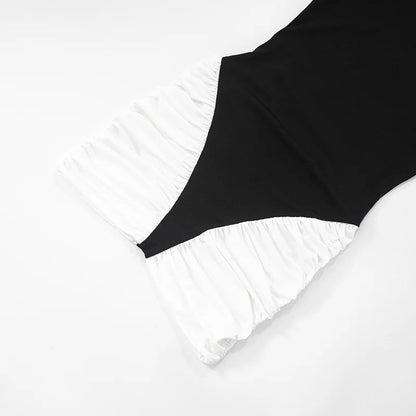 Black-White Panel Sleeveless Gathered Halter Mini Dress