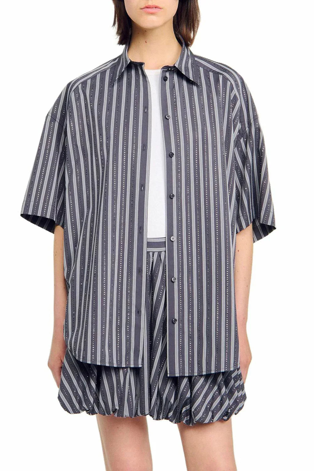 Oversized Striped Rhinestone Shirt in Grey Avalabel
